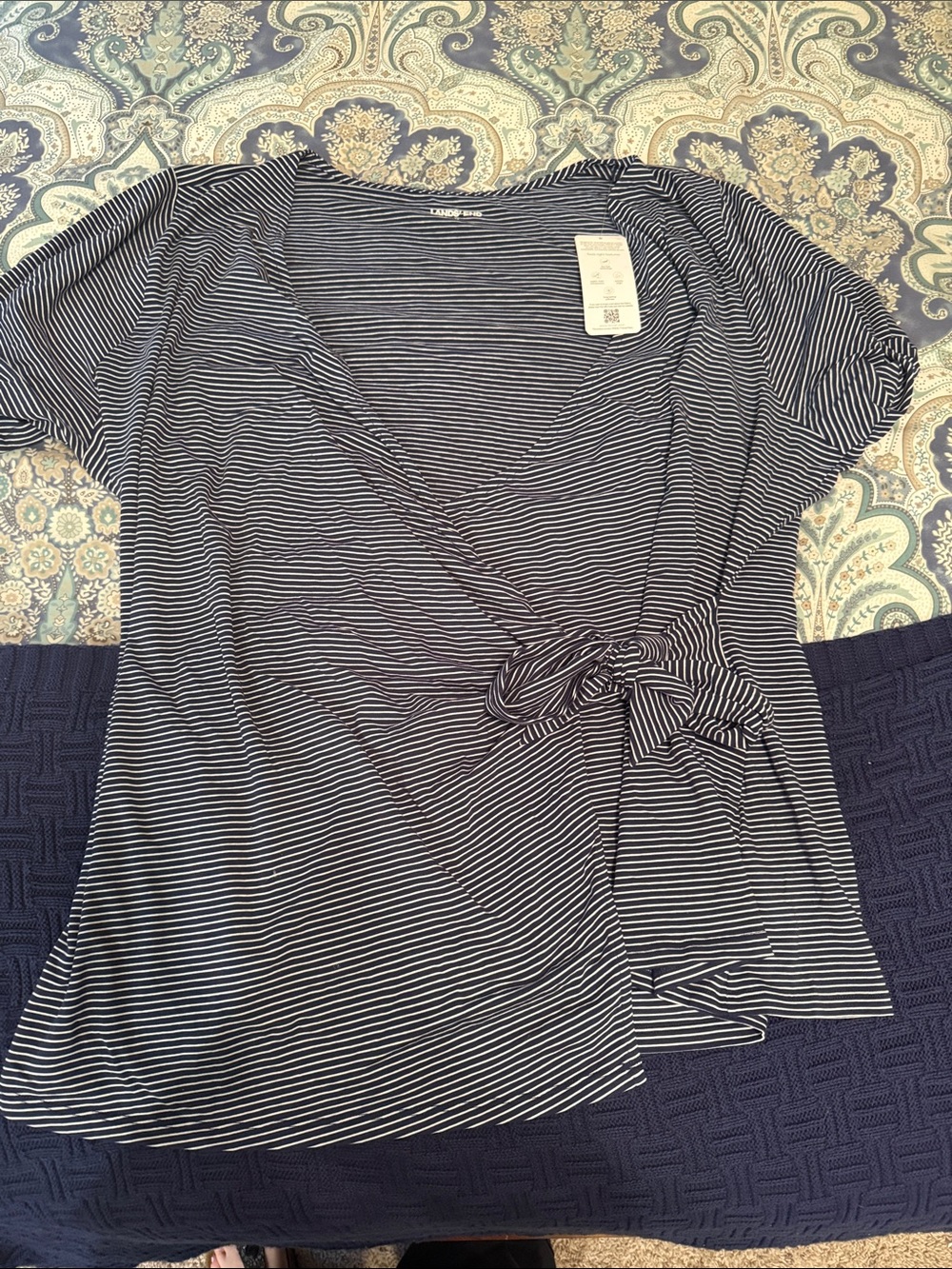 Lands' End Navy and White Striped Wrap-Front Top